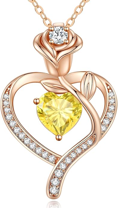 LOUISA SECRET Rose Flower Heart Birthstone Necklaces for Women, 925 Sterling Silver Fine Jewelry, Pendant Heart Necklaces Birthday Anniversary Christmas Gift for Women Wife Mom Girlfriend Lady