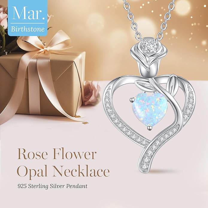 LOUISA SECRET Rose Flower Heart Birthstone Necklaces for Women, 925 Sterling Silver Fine Jewelry, Pendant Heart Necklaces Birthday Anniversary Christmas Gift for Women Wife Mom Girlfriend Lady