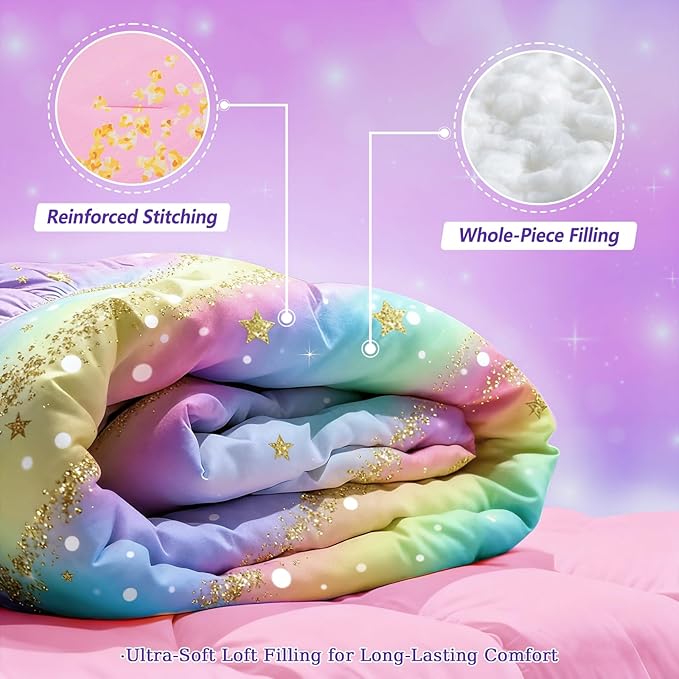Rainbow Bedding Set Queen Size – 6-Piece Reversible Girls Comforter with Deep-Pocket Sheet, Gradient Galaxy Design, Whole-Piece Filling, Machine Washable Bed-in-a-Bag for Kids Room Makeover & Gifts