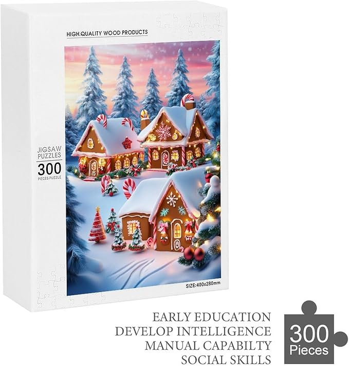 Wooden Puzzle - Christmas Gingerbread House and Candy Jigsaw Puzzles，Wooden Puzzles for Adults 300 Pieces Challenge Puzzles，Educational Games，Family Puzzles，Unique Gifts for Wall Art