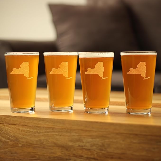 Bevvee New York State Outline Pint Glass for Beer - State Themed Drinking Decor and Gifts for New Yorker Women & Men - Set of 4-16 Oz Glasses