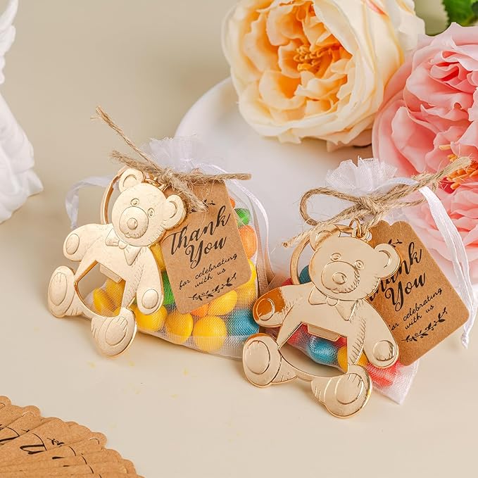 Bottle Openers Baby Shower Return Favors for Guests Cute Bottle Opener Decorations and Souvenirs with Organza Bags Tags for Theme Party Favors(Retro Style,304 pieces) (Teddy bear)
