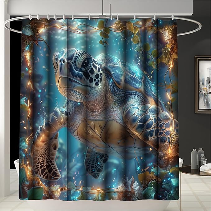 4 Pcs Turtle Shower Curtain - Under The Sea Shower Curtain Set Ocean Bathroom Sets with Shower Curtain and Rugs with 12 Hooks