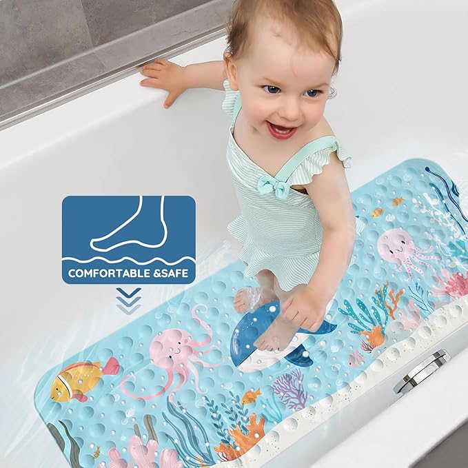 LNOND Bath Mat for Tub for Kids, Toddler Bathtub mat Non Slip, Jellyfish Coral Kids Bath Mats for Bathroom Non Slip with Drain Holes and Suction Cups,Machine Washable (40 X 16 Inch)