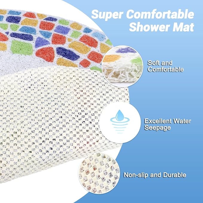 Shower Mat Non-Slip, Soft Comfort Bath Mat with Drainage Holes, PVC Loofah Massage Bathmat for Shower,Tub,Bathroom,Wet Areas, Quick Drying