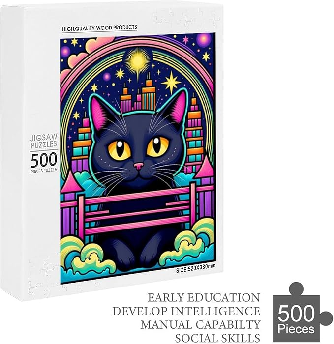 Wooden Puzzle - Dreamy Starry Night Cat Jigsaw Puzzles，Wooden Puzzles for Adults 500 Pieces Challenge Puzzles，Educational Games，Family Puzzles，Unique Gifts for Wall Art