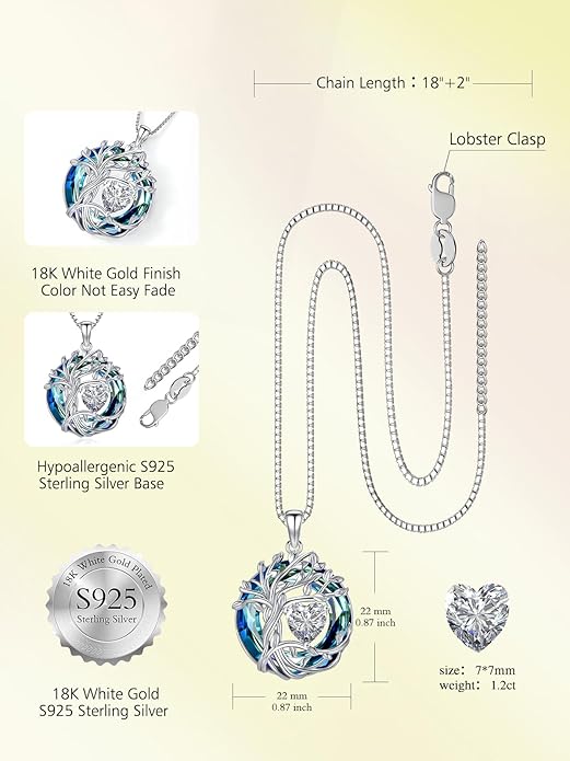 TOUPOP Tree of Life Birthstone Necklace 925 Sterling Silver Pendant Austrian Crystal Jewelry Anniversary Valentine's Day Birthday Gifts for Women Mom Her Wife