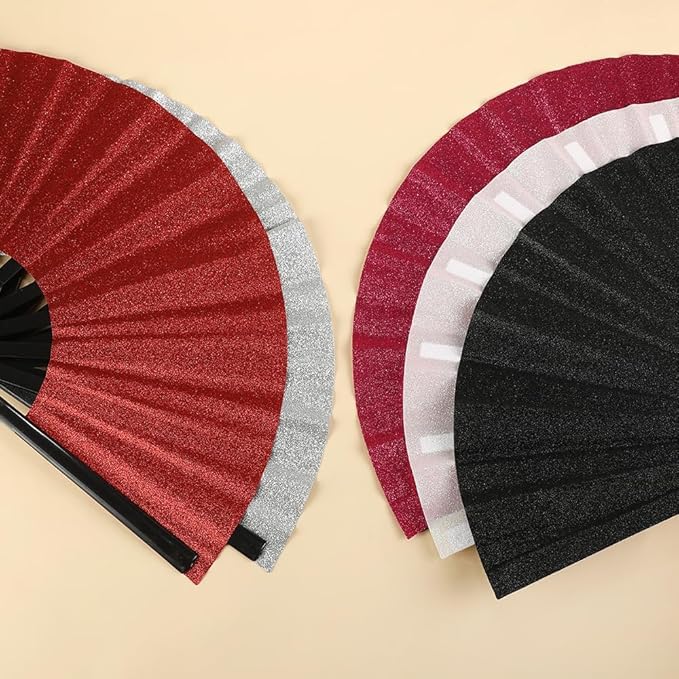 Huralona 4 Pack Large Folding Hand Clap Fan Fabric Rave Popping Glitter Fans Chinese Kung Fu Tai Chi Hand Fan Festival Dance Gift Performance Decorations (Glitter-Red)