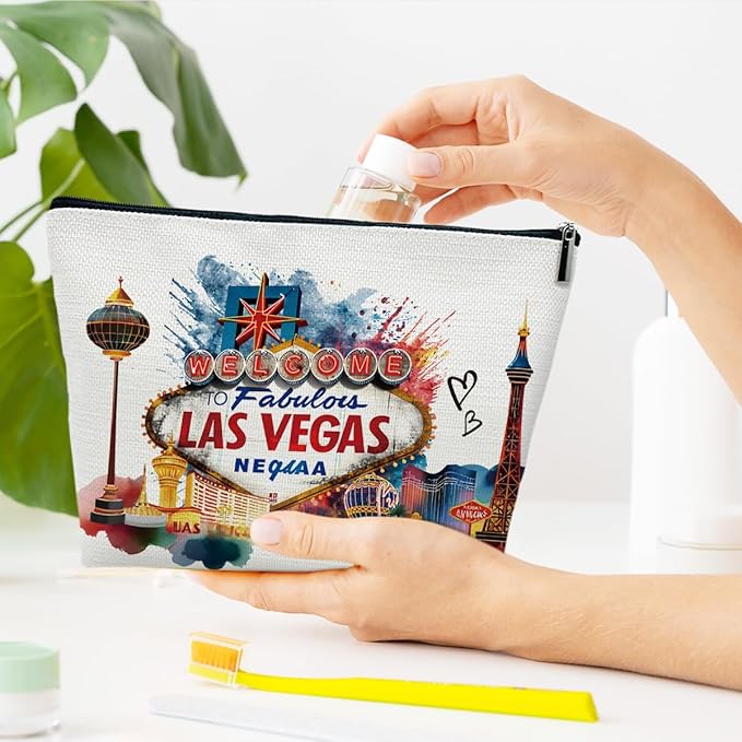 Las Vegas Travelling Gifts Makeup Bag, City Travel Cosmetic Bag for Purse, Watercolor Gifts, Las Vegas Souvenir, Trip Favors for Traveller, Travelling Lovers, City Themed Organizer