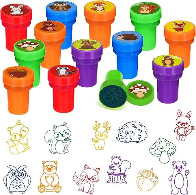Cinrobiye 24 PCS Woodland Animals Party Stampers，Forest Creatures Birthday Favors for Boys Girls, Classroom Rewards, Carnival Prizes, Goodie Bag & Pinata Fillers, Woodland Party Supplies