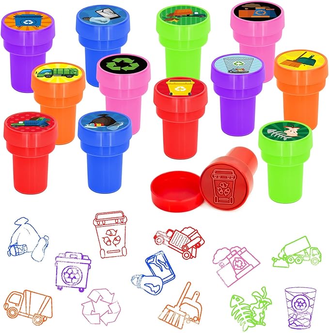 Cinrobiye 24 Pcs Garbage Truck Party Favor Stampers,Garbage Truck Party Supplies, Truck Waste Party Favors Gifts, Classroom Rewards Carnival Prizes, Goodie Bag Pinata Fillers