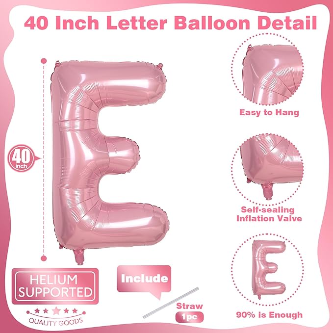 40 Inch Pastel Pink ONE Balloon for 1st Birthday - Light Pink Letters With Ribbon - Baby Pearl Alphabet for Girls First Birthday, 1 Year Old Baby Shower Party Decorations