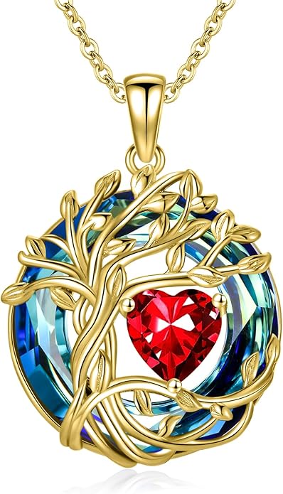 TOUPOP Tree of Life Birthstone Necklace 925 Sterling Silver Pendant Austrian Crystal Jewelry Anniversary Valentine's Day Birthday Gifts for Women Mom Her Wife
