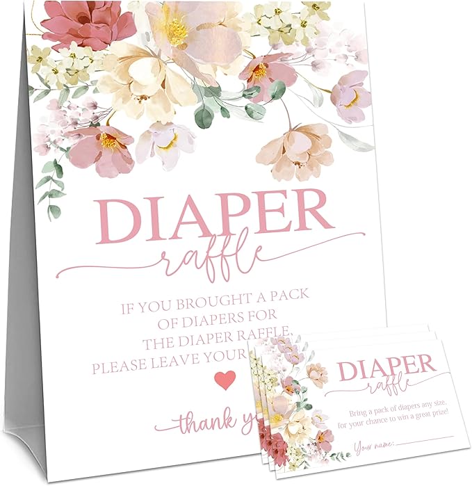 Floral Baby Shower Diaper Raffle Game Set - Watercolor Flowers 1 Standing Sign & 50 Diaper Raffel Tickets - Baby Announcement, Gender Reveal Party Activities & Decorations for Boys, Girls - A02