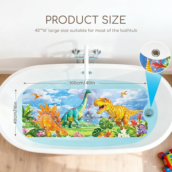 Baby Bath Mat for Tub, Non Slip Kids Bath Shower Mat, 40 X 16 Inch Large Bathtub Mat with Drain Holes and Suction Cups for Toddlers, Machine Washable and Waterproof (Dinosaur)