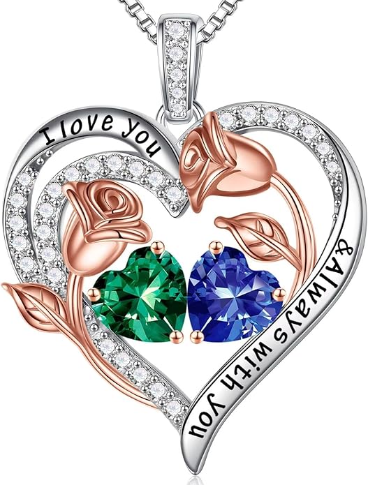 Iefil Valentines Day Gifts for Her - 925 Sterling Silver Rose Heart Birthstone Necklace Birthday Anniversary Jewelry Gifts for Her Wife Mom Daughter