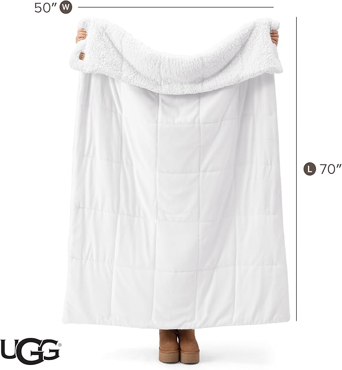 UGG Nita Throw Blanket Soft Reversible Plush Throw for Couch or Bed Washable Warm Fluffy Blanket for College Dorm Essentials and Bedding with Down Alternative Fill, 50-inch x 70-inch, White Snow