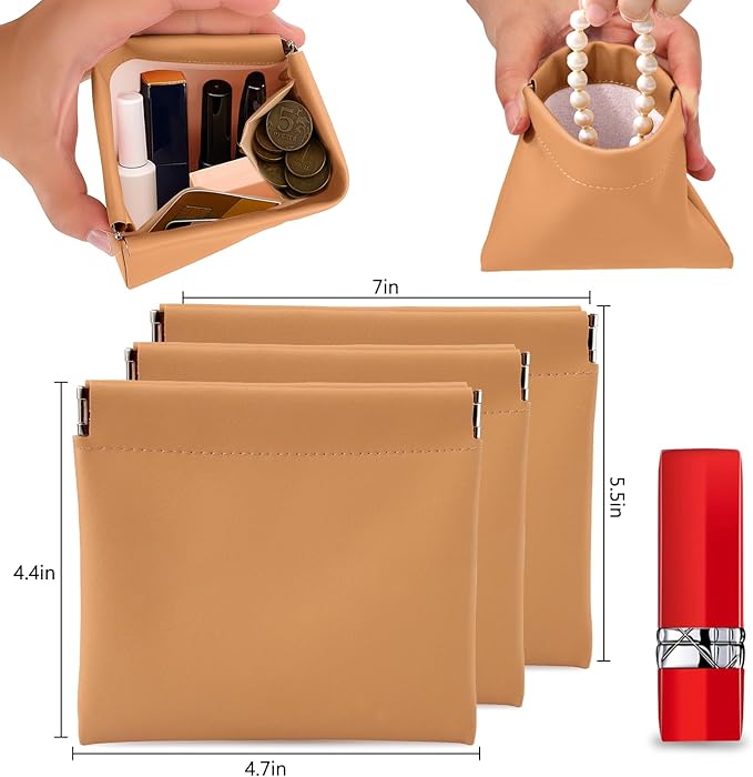 BUSOHA 3 Pack Small Makeup Bag for Purse - Mini Portable Cosmetic Bags for Women, Coin Purse Lipstick Cosmetic Accessories Organizer, Small Travel Kit Storage Pouch(Brown)
