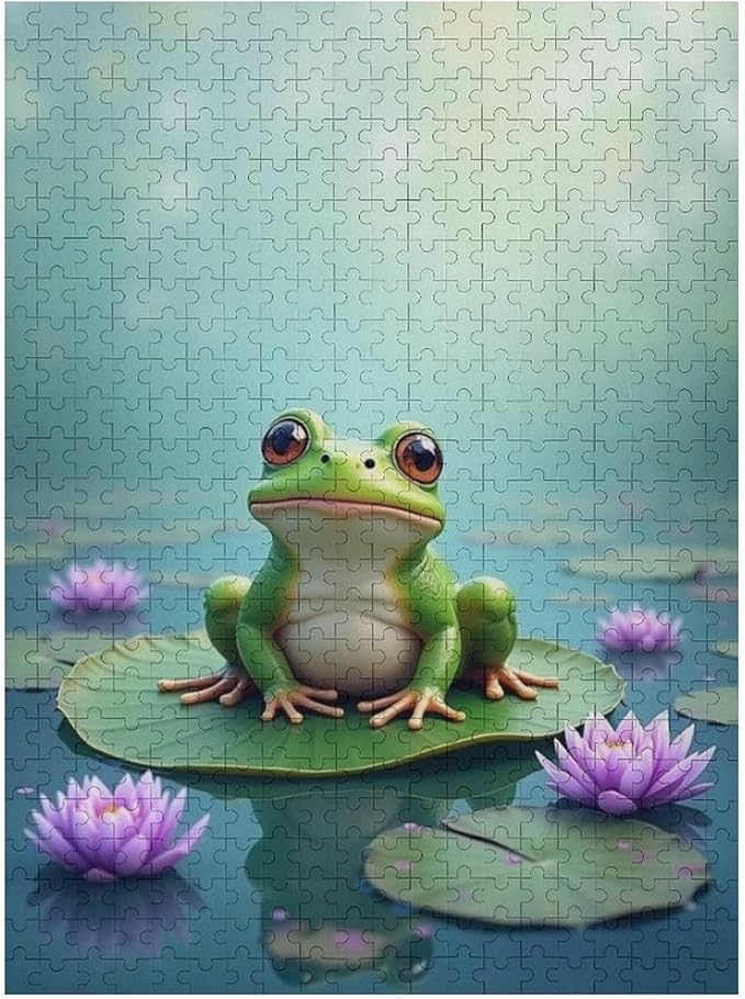 Puzzles for Adults 500 Pieces Wooden Jigsaw Puzzle - Lotus Pond Frog Theme Puzzle，Party Games，Family Toys，Educational Puzzles，Stress Relief Wooden Puzzle，Gifts for Family，Colleagues and Friends