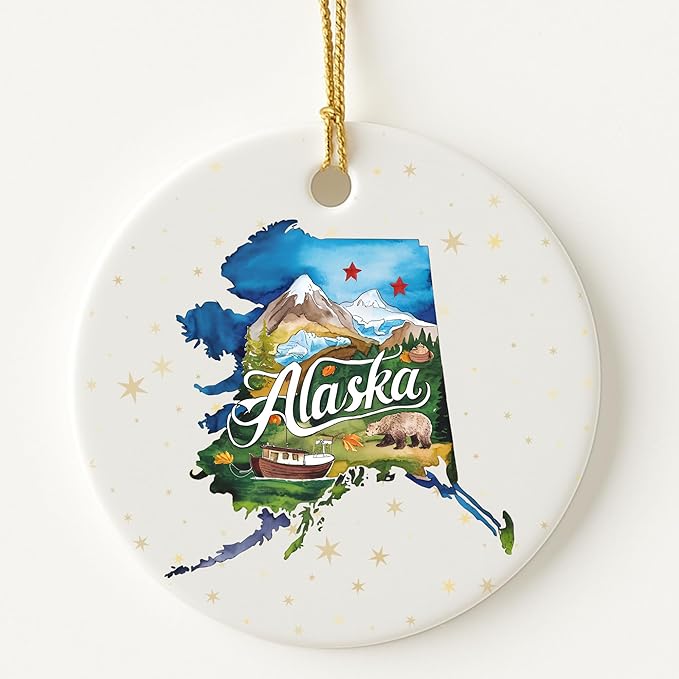USA State Landmark Ceramic Ornament – Round Glossy Christmas Decoration Featuring U.S. State Art, Landmarks & Holiday Scenery – Collectible Travel Souvenir Ornament Series (Alaska)