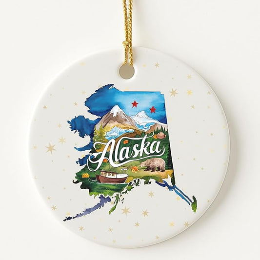 USA State Landmark Ceramic Ornament – Round Glossy Christmas Decoration Featuring U.S. State Art, Landmarks & Holiday Scenery – Collectible Travel Souvenir Ornament Series (Alaska)