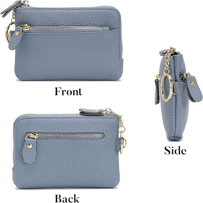 Genuine Leather Coin Purse for Women with Large Opening & Wrist Strap Navy (Blue)