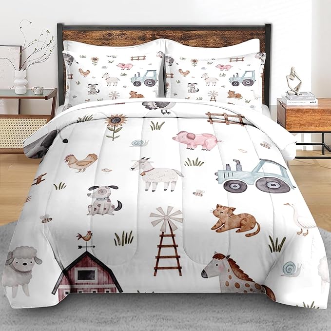 Comforter Set Twin Size, Farm Animal Cow 5 Pcs Bedding for Kids and Adults, Autumn Cute Tractor Bed Sheet Sets with Fitted Sheet Pillowcase & Sham for Bedroom Bed Decor