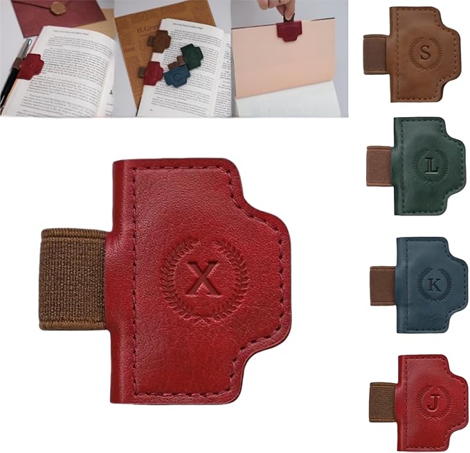 Personalized Magnetic Bygone Mark Bookmark with Pen Holder, 26 Letters Name Initial Custom Leather Book Mark for Women, Gifts for Book Lovers and Readers (Red,X)