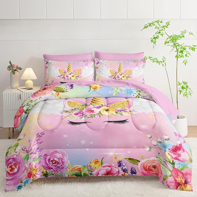 Unicorn Comforter Set Queen - 7 Pcs Floral Girls Bedding, Pink Purple Blue Girls Quilt Set, All Season Microfiber Comforter, Sheets, Pillowcases