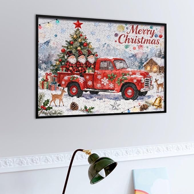 Merry Christmas-Red Car Gnomes 1000-Piece Wooden Jigsaw Puzzle, Holiday Cheer Puzzle, Red Car Gnomes Scene, Family Entertainment, Relaxing Indoor Activity, Stress-Relief Fun