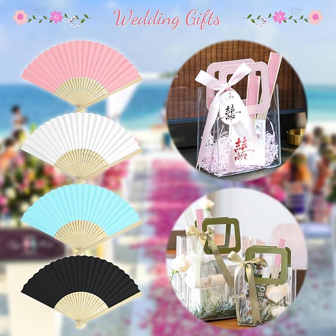 50 Piece Paper Fans - Bamboo Folding Hand Fans for Wedding Party and Home Decoration (Blue)