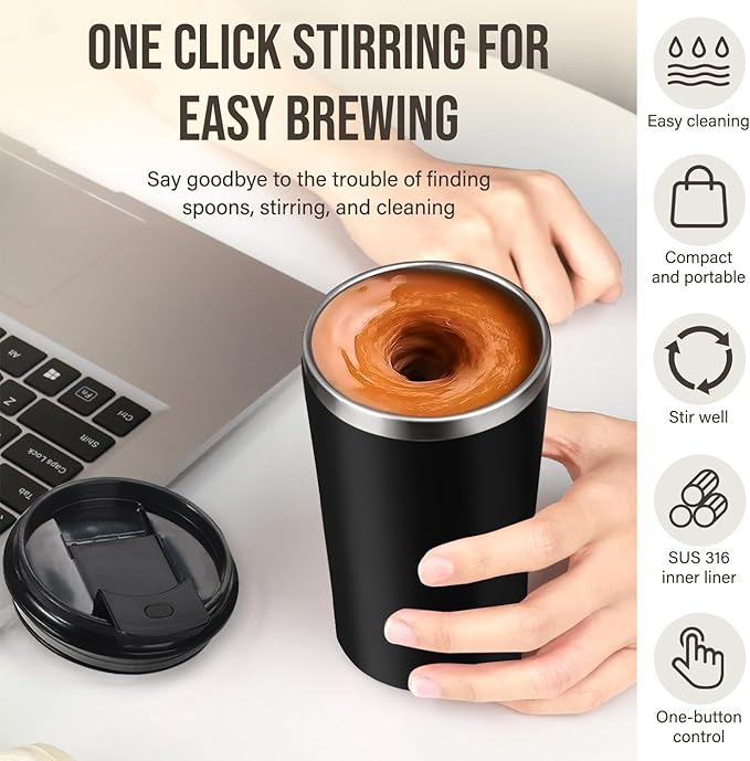 hatisan Self Stirring Coffee Mug With Lid Electric High Speed Self Stirring Mug 400ml Rechargeable Detachable Stainless Steel Self Stirring Cup for Coffee, Milk, Cocoa Christmas Gift(Black)