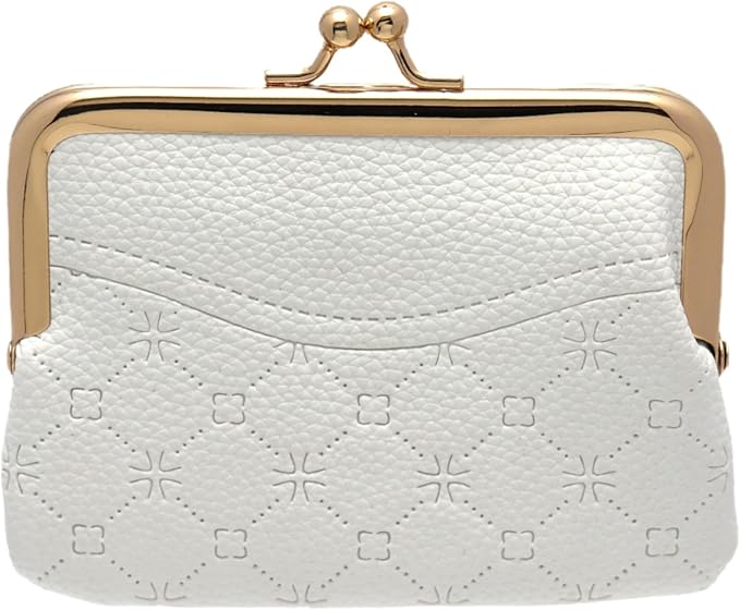 Coin Purse Vintage Bag Lock Wallet Buckle Kiss Lock change purse change holder wallet coin Leather coin wallet(F white)