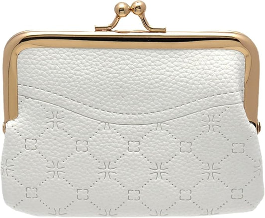 Coin Purse Vintage Bag Lock Wallet Buckle Kiss Lock change purse change holder wallet coin Leather coin wallet(F white)