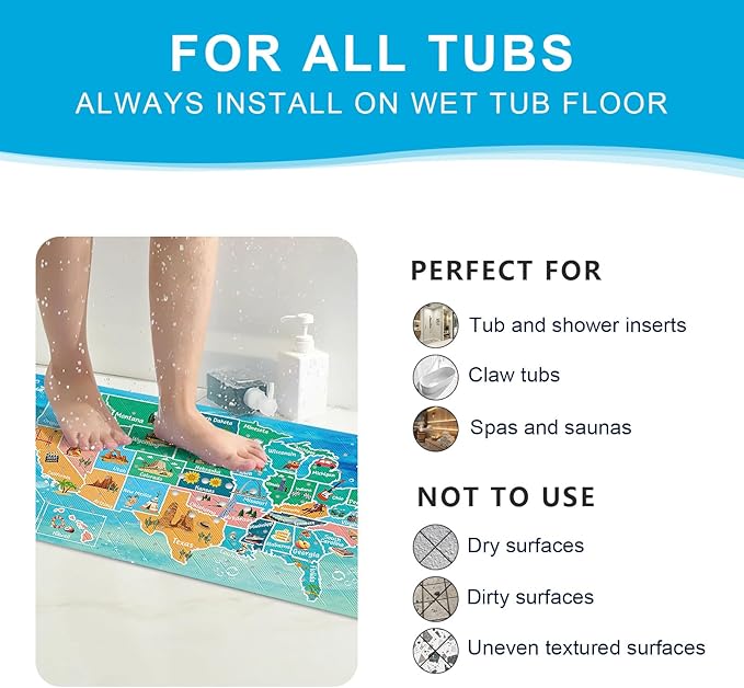 XIYUNTE Baby Bath Mat for Tub Non Slip Kids Bath Mat - 40''x16'' Extra Long Cartoon Bathtub Mat Non Slip Kids Shower Mat Eco-Friendly Toddler Bath Mats with Suction Cups, Machine Washable, Map