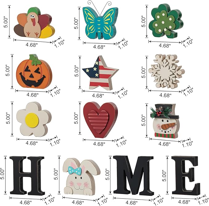 Glitzhome Interchangeable Home Table Signs with 13 Pcs Seasonal Icons, Wooden Changeable Home Sign for Holiday Decor, HOME Letter Sign Ornaments Set Interchangeable Holiday Decorative Shelf Blocks