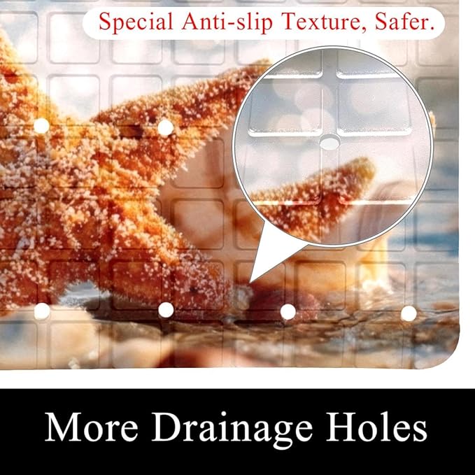 Starfish and Seashell on The Summer Beach in Sea Water Bath Tub and Shower Mats, Non Slip Bathmat with Drain Holes and Suction Cups for Bathroom Floor, 15.1 x 26.8 Inch