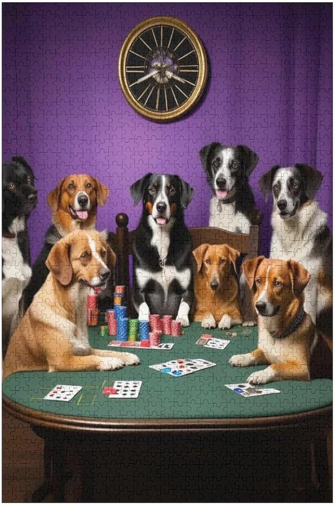 Wooden Puzzle - Dogs Playing Poker Jigsaw Puzzles，Wooden Puzzles for Adults 1000 Pieces Challenge Puzzles，Educational Games，Family Puzzles，Unique Gifts for Wall Art
