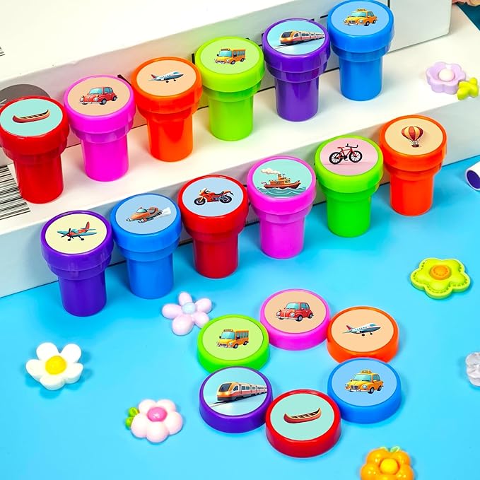 Cinrobiye 24 Pcs Transportation Stampers, Traffic Vehicle Stamp Set with Trucks Planes Trains Fire Trucks Police Cars for Birthday Party Favors Classroom Rewards Goodie Bags Fillers Pinata