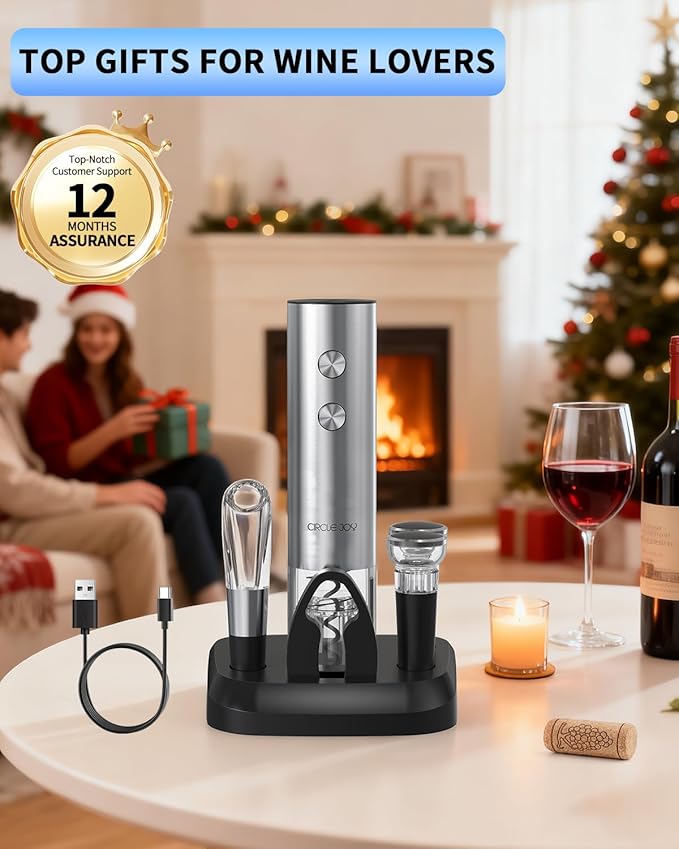 CIRCLE JOY Electric Wine Opener Stainless Steel Rechargeable Automatic Wine Bottle Opener Set 7-in-1 Top Gifts for Wine Lovers with Charging Base, Foil Cutter, Wine Aerator Pourer & 2 Vacuum Stoppers