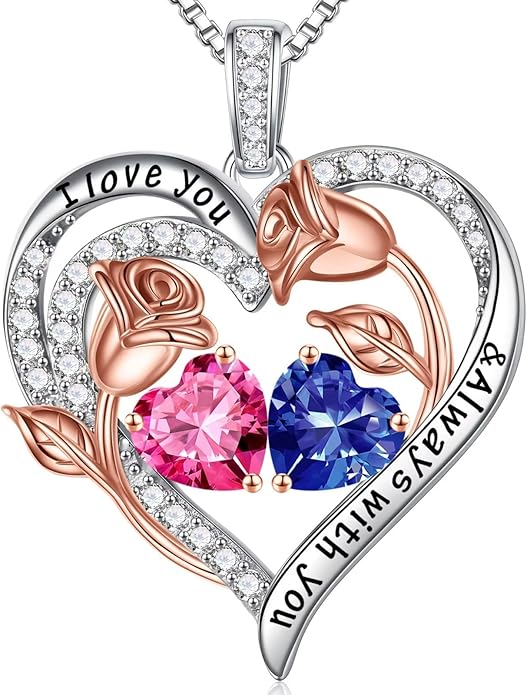 Iefil Valentines Day Gifts for Her - 925 Sterling Silver Rose Heart Birthstone Necklace Birthday Anniversary Jewelry Gifts for Her Wife Mom Daughter