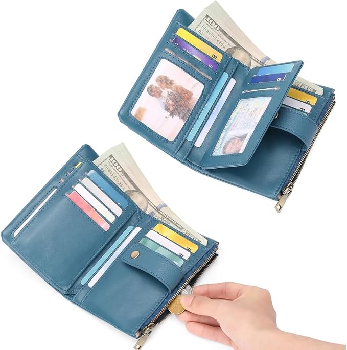 Practical Genuine Leather Wristlet Wallet for Women with Double Zipper Coin Purse and Card Organization (Blue)