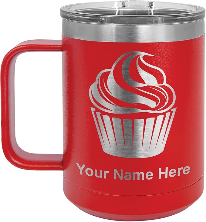 LaserGram 15oz Vacuum Insulated Coffee Mug, Cup Cake, Personalized Engraving Included (Red)