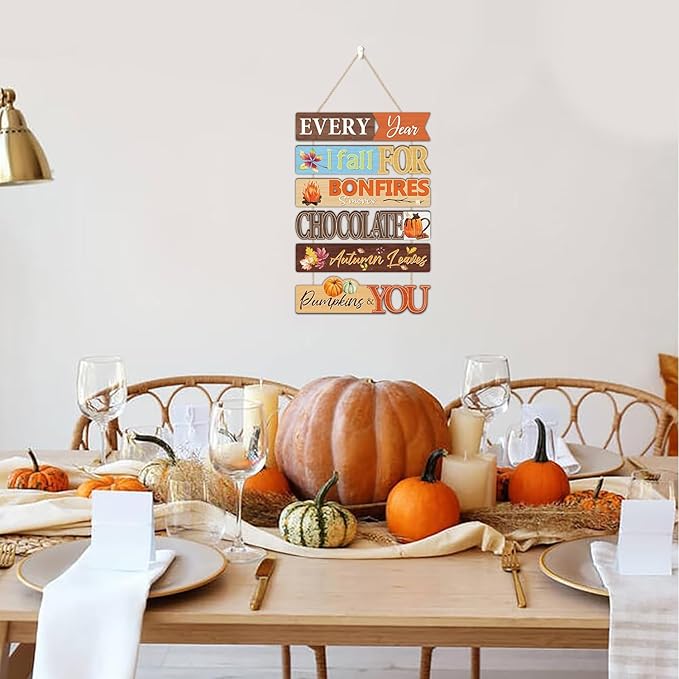 CHDITB Fall Themed Wooden Sign, Autumn Leaves Wooden Hanging Plaque, Pumpkin Bonfire Fall Front Door Hanger, Chocolate S'Mores Autumn Wall Sign Art Hanger for Halloween, Thanksgiving Party Wall Decor