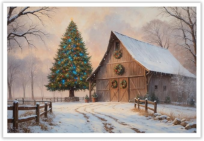 Vintage Sunset Winter Barn Print Country Farm Nature Scenery Decorative Painting Suitable for Home Decor Bathroom Bedroom Living Room Decor20x30in(50x75cm)- Unframed