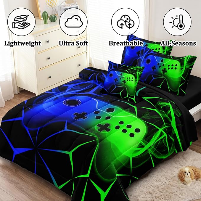 4 Pcs Gamer Full Bedding Set for Boys, Green-Blue Gaming Full Size Boys Comforter Set for Teens