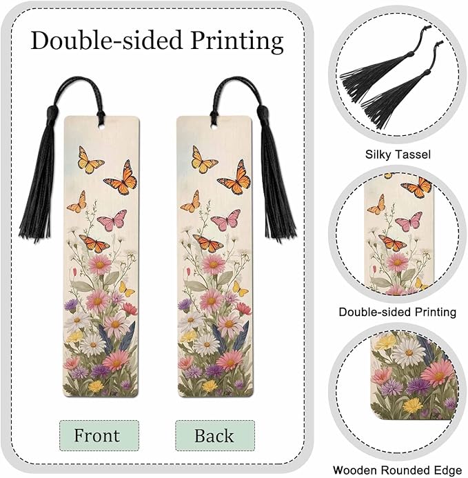 Butterflies Bookmarks 5 Pcs with Tassels Wildflower Summer Retro Pink Wooden Bookmarks for Reading Women Students Teacher Reader