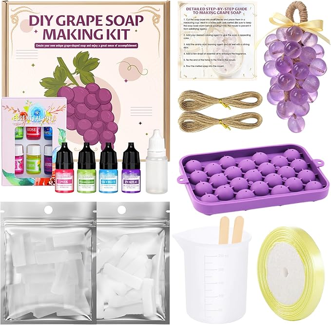 Soap Making Kit for Adults, Grape Soap Complete Accessories Contains Mould Soap Base Color Essential Oil Realistic and Beautiful Appearance Safe and Reliable Ingredients Perfect Handmade Gift