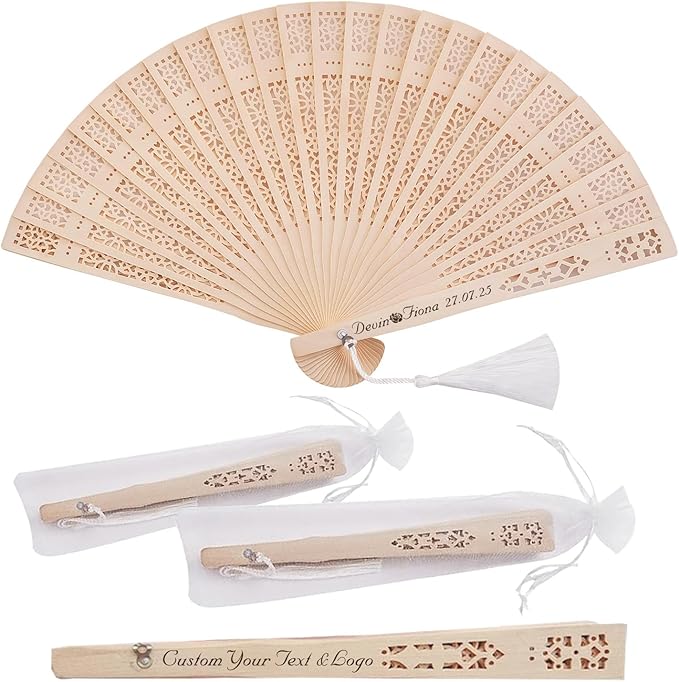 110Pcs Handheld Foldable Wedding Wooden Fans Personalized Custom Sandalwood Fans with Tassels and Organza Bags Wedding Favors for Guests Baby Shower Birthday Party Gift Bulk (110)