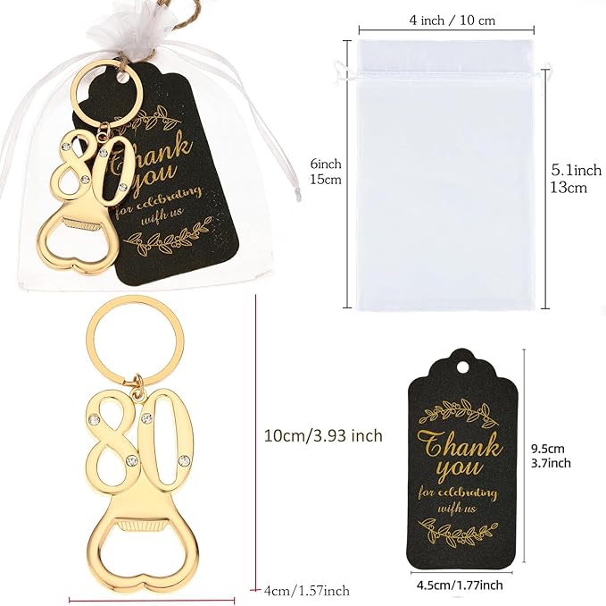24 pcs 80th Gold Keychain Bottle Opener Birthday Party Favors for Guests,80th Beer Bottle Opener Favors Bulk for Birthday Anniversary Souvenirs Party Decor Supplies (Gold 80th)